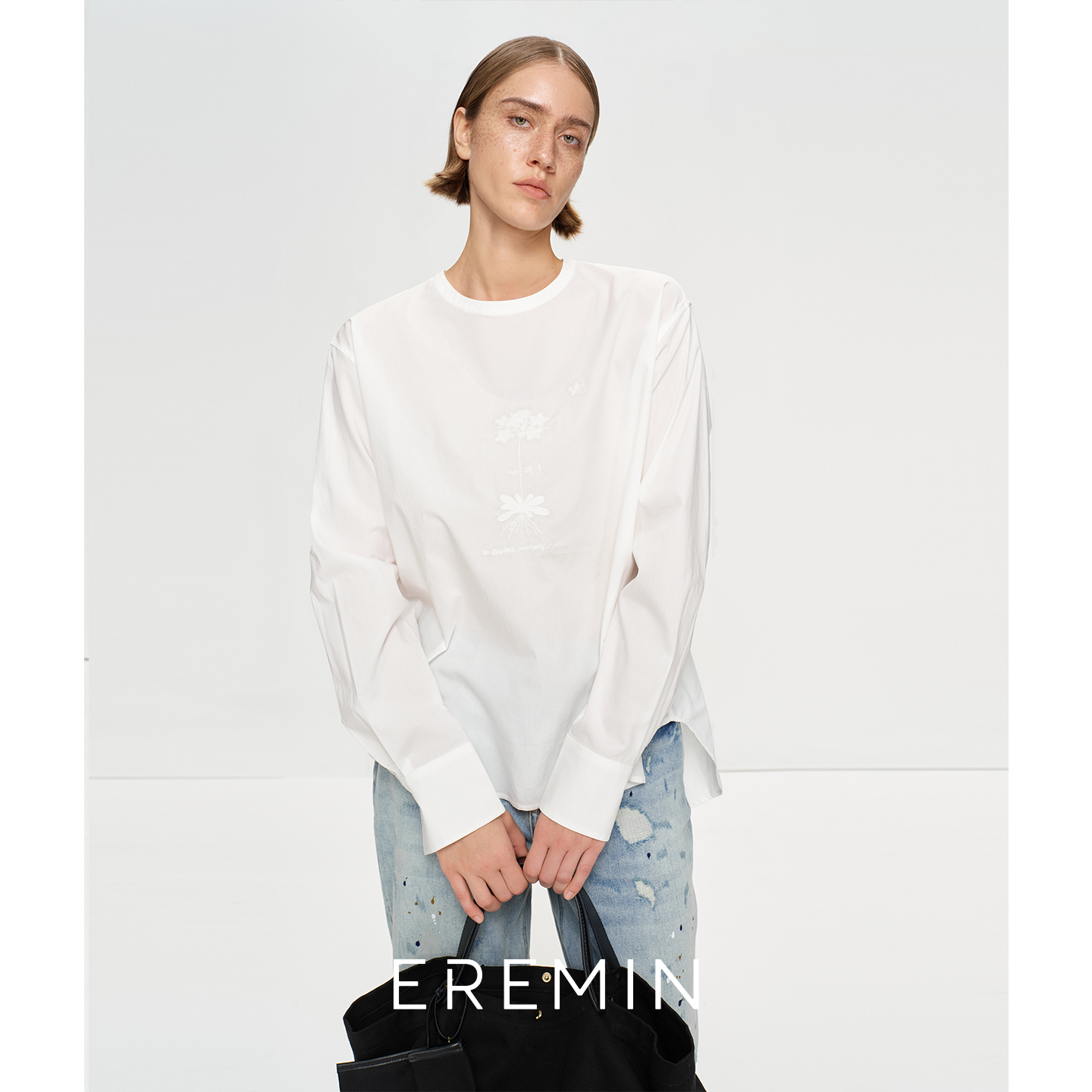 DE Mincollection提花圆弧衬衫/精致花朵刺绣圆领套头衬衫55203