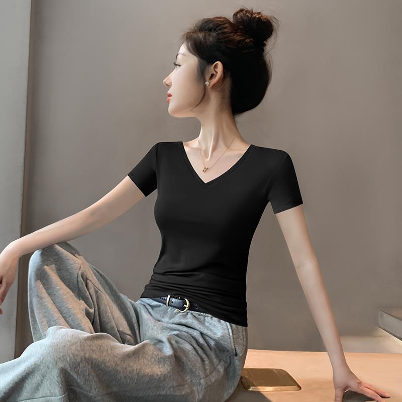 黑色莫代尔v领t恤女短袖夏装2025新款冰丝薄款修身显瘦女紧身上衣