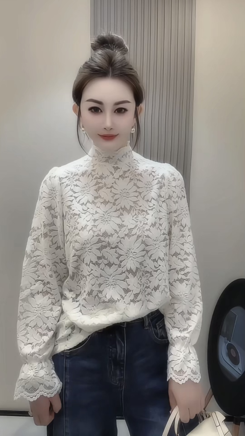 女人味蕾丝钩花立领打底衫女欧洲站2025秋冬新款洋气显瘦百搭上衣