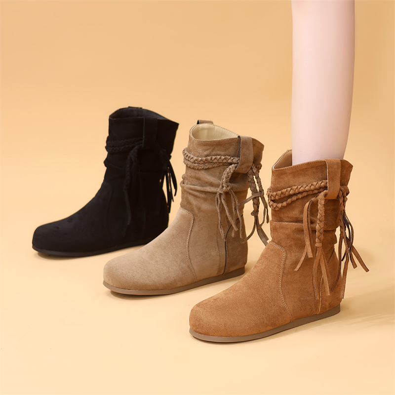 马丁靴女2025年秋冬新款平底加绒内增高防滑流苏短靴子女时尚百搭