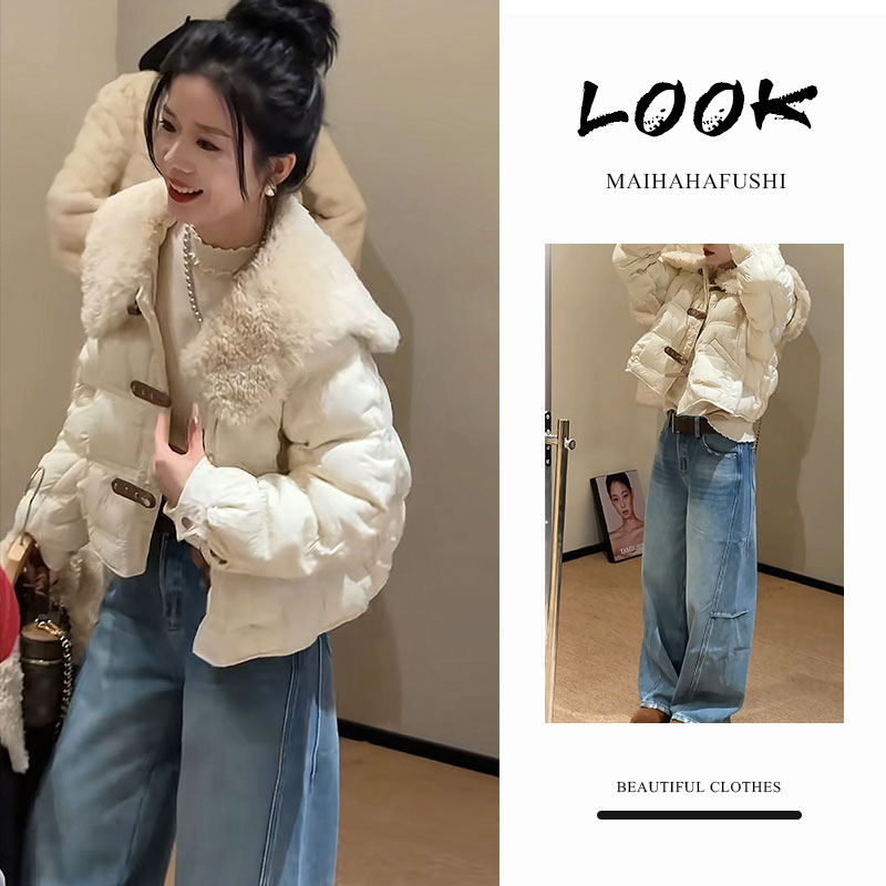 冬季一整套女装2025新款韩版洋气翻领短款棉服外套阔腿牛仔裤套装