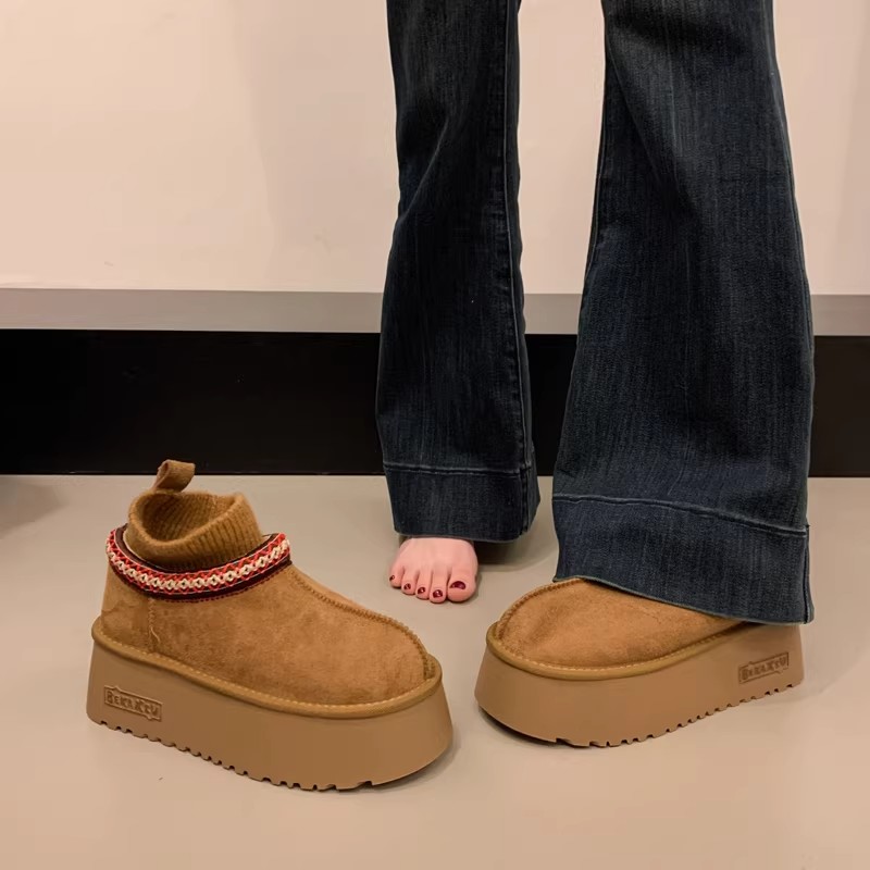 增高厚底雪地靴女款2025新款冬季加绒民族风袜靴东北保暖勃肯棉鞋