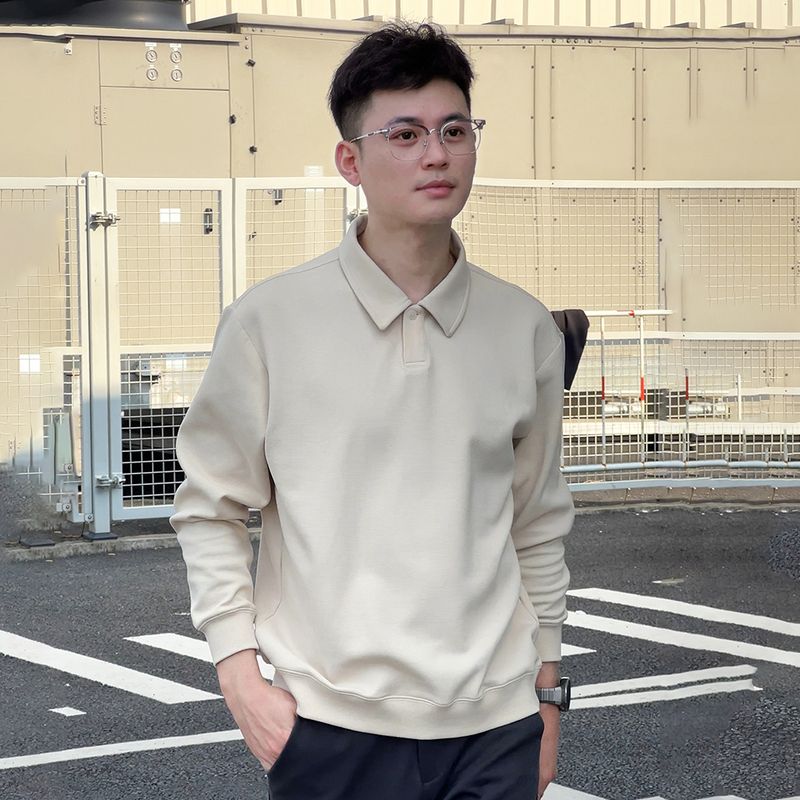 重磅焦糖色单扣翻领Polo衫长袖卫衣男潮牌宽松休闲复古翻领打底衫