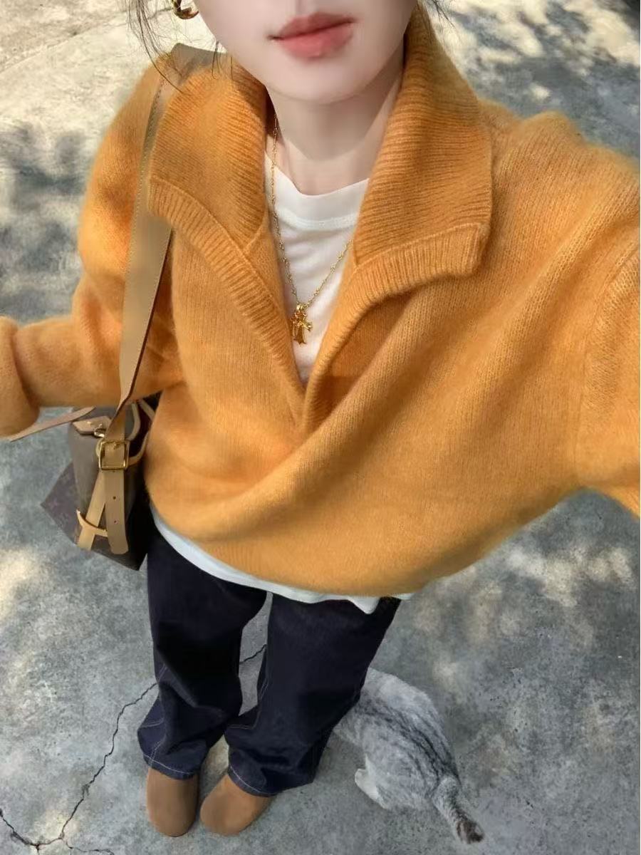 宽松慵懒风南瓜橘色软糯毛衣女秋冬新款欧货高级感v领针织衫外穿
