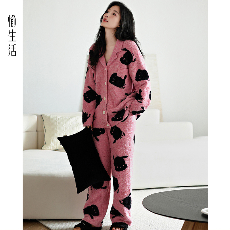 愉生活女士睡衣2025新款秋冬季加绒加厚半边绒套装冬天外穿家居服