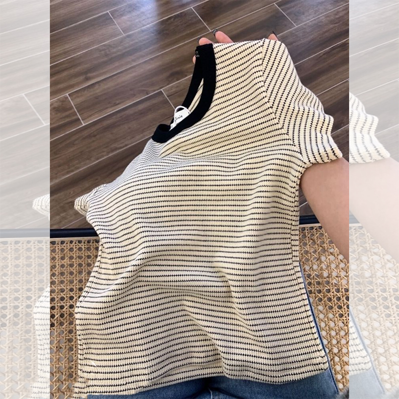 条纹短袖t恤女夏季新款韩版小个子修身显瘦洋气正肩辣妹短款上衣