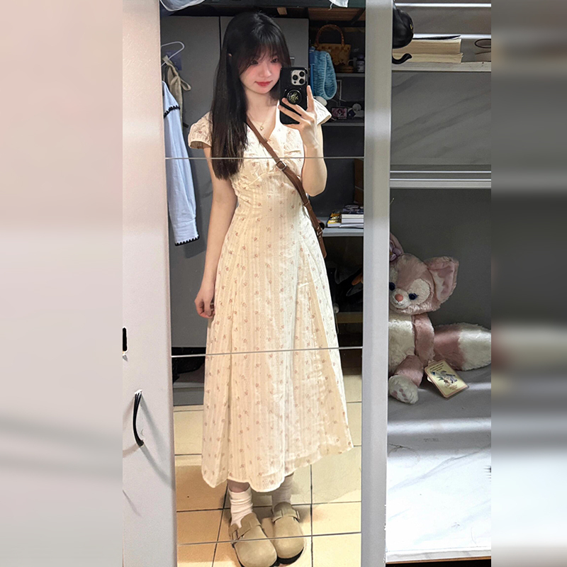 法式气质波点碎花连衣裙子女夏季2025新款小个子收腰长裙仙女裙