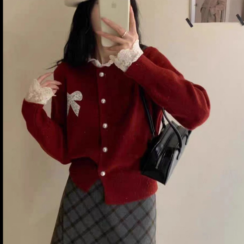 法式甜美风蕾丝花边烫钻蝴蝶结针织开衫女秋冬温柔系软糯短款毛衣