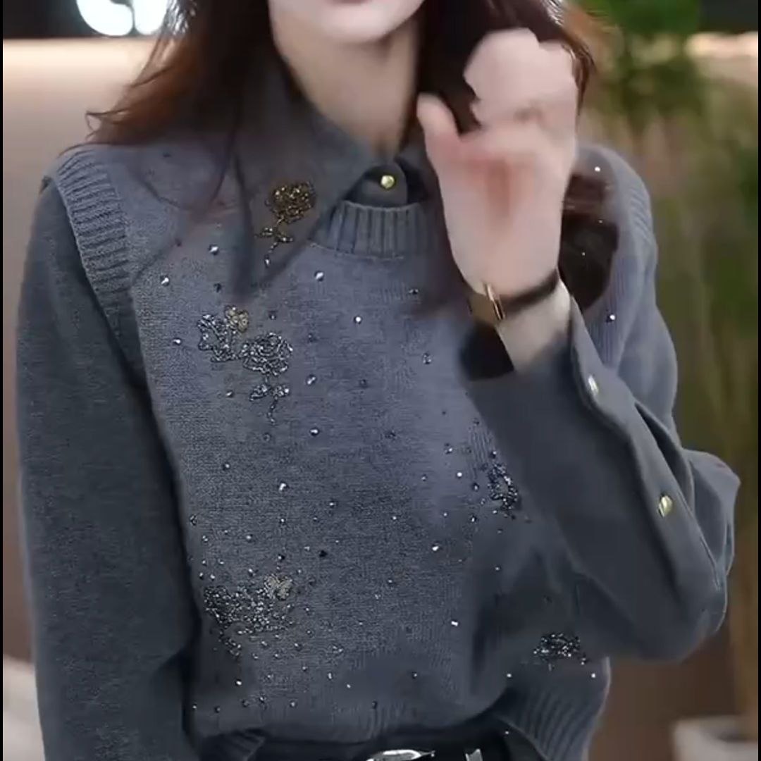 洋气妈妈镶钻毛衣重工设计圆领套头针织马甲背心无袖气质外搭上衣