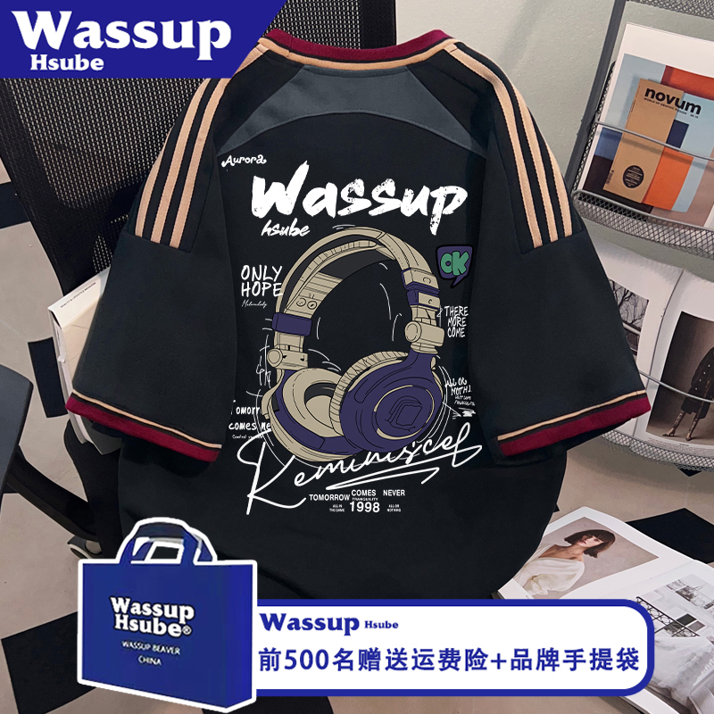 WASSUP HSUBE炫酷耳机印花T恤ins男女款纯棉上衣夏季街头设计短袖