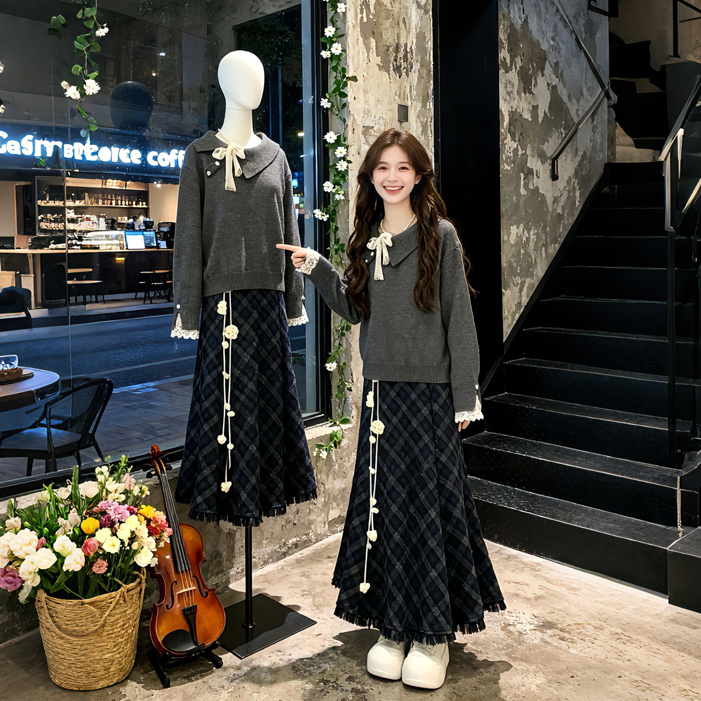 早秋搭配一整套韩系穿搭灰色翻领拼接蕾丝针织上衣格纹半身裙套装