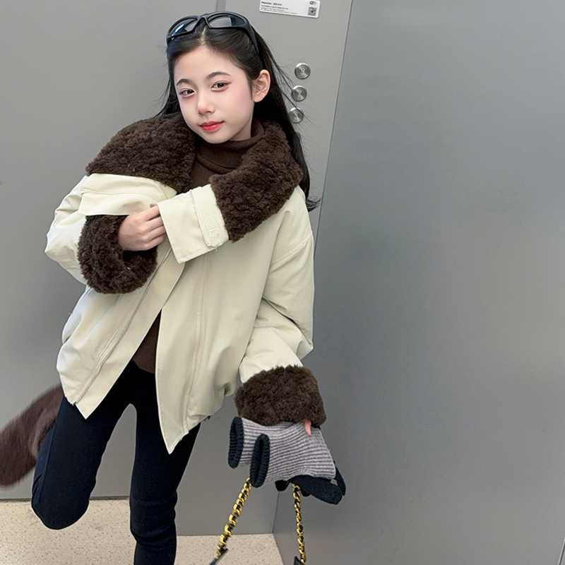 女童潮酷范大翻领加绒加厚派克服棉袄2025秋冬装儿童棉衣