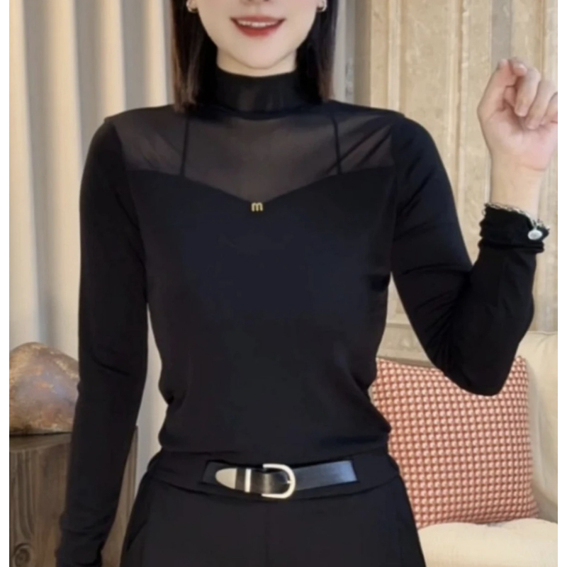 【女神必备】2025早春新款中领打底修身显瘦百搭网纱中高领上衣1212