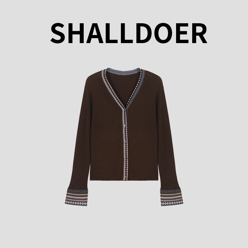 韩系拼色设计感V领长袖针织开衫女2025年秋季新款时尚百搭衣服