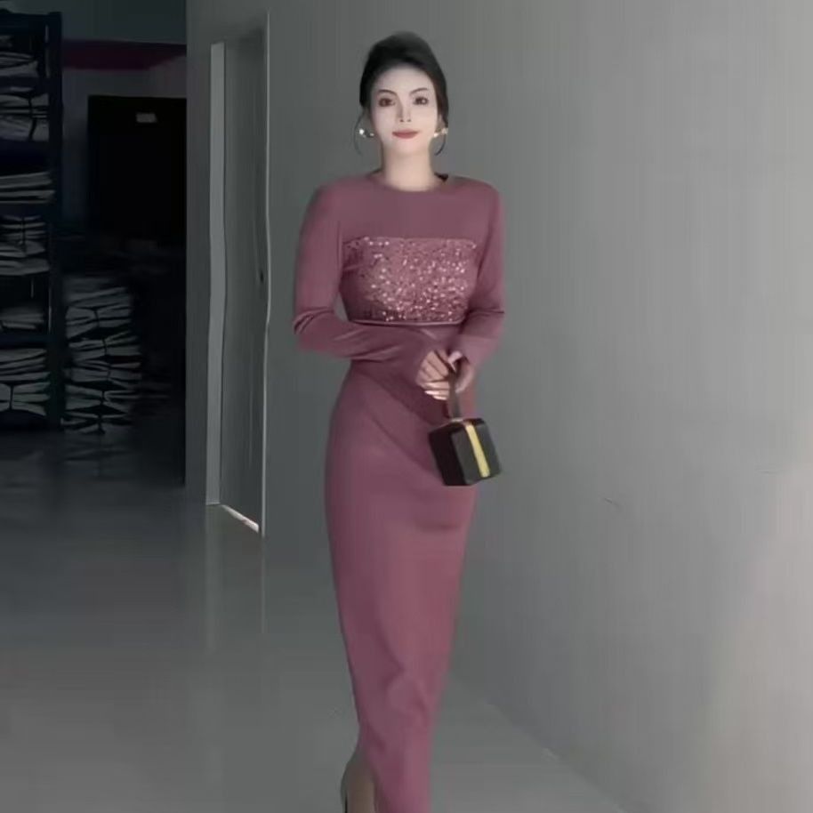 新款拼接气质连衣裙长袖时尚优雅长裙后开叉修身直筒裙