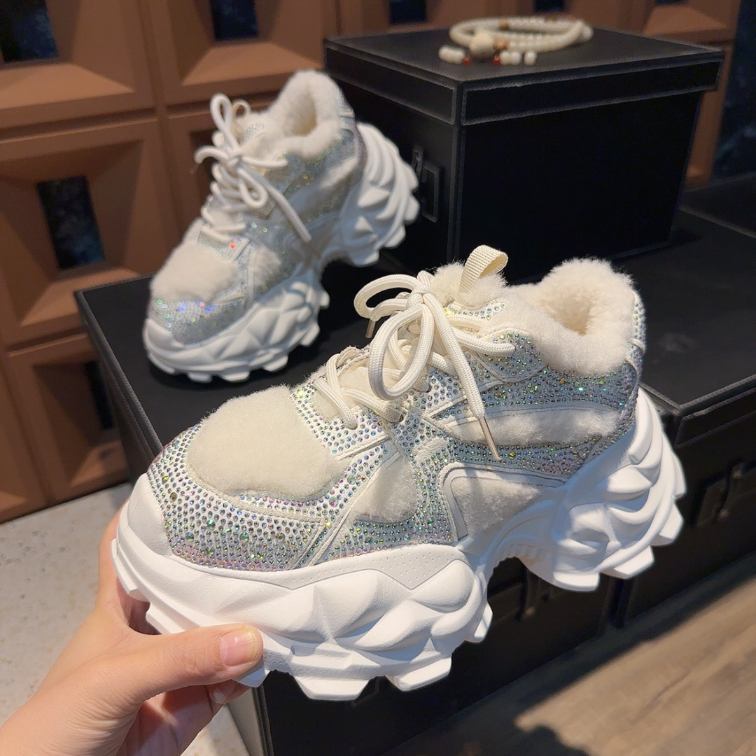 欧货重工水钻毛毛老爹鞋女ins潮2025满钻水钻休闲运动鞋高帮棉鞋