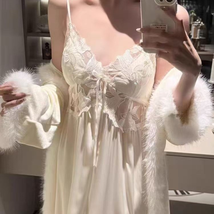 【克拉恋人】秋冬法式加绒加厚睡袍吊带长裙女性感纯欲高级新款