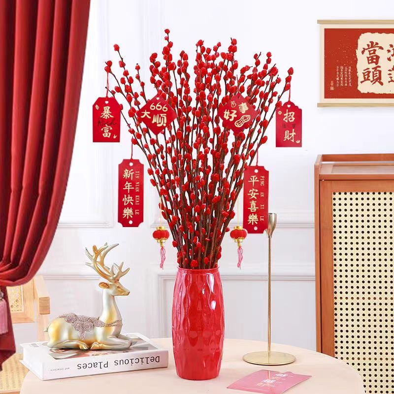 银柳真花鲜枝水培室内客厅装饰干花红色年宵花卉植物室内装饰招财