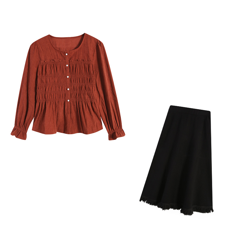 红色上衣小衫搭配黑色长半裙两件套ZL111566+ZL98869套装衬衫长袖