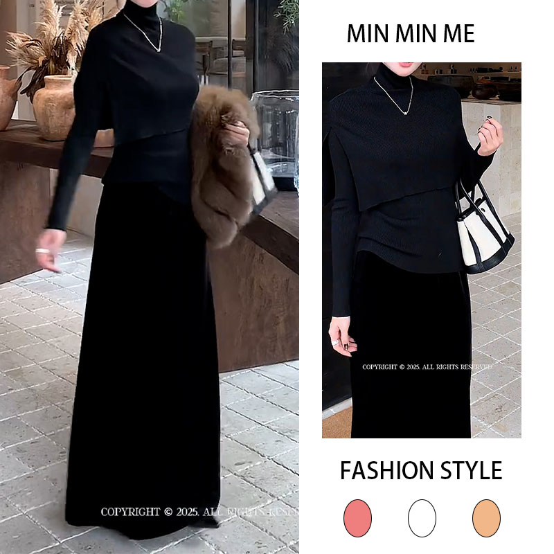 2025秋季新款轻熟风百搭修身显瘦长袖上衣女搭配休闲半身裙两件套