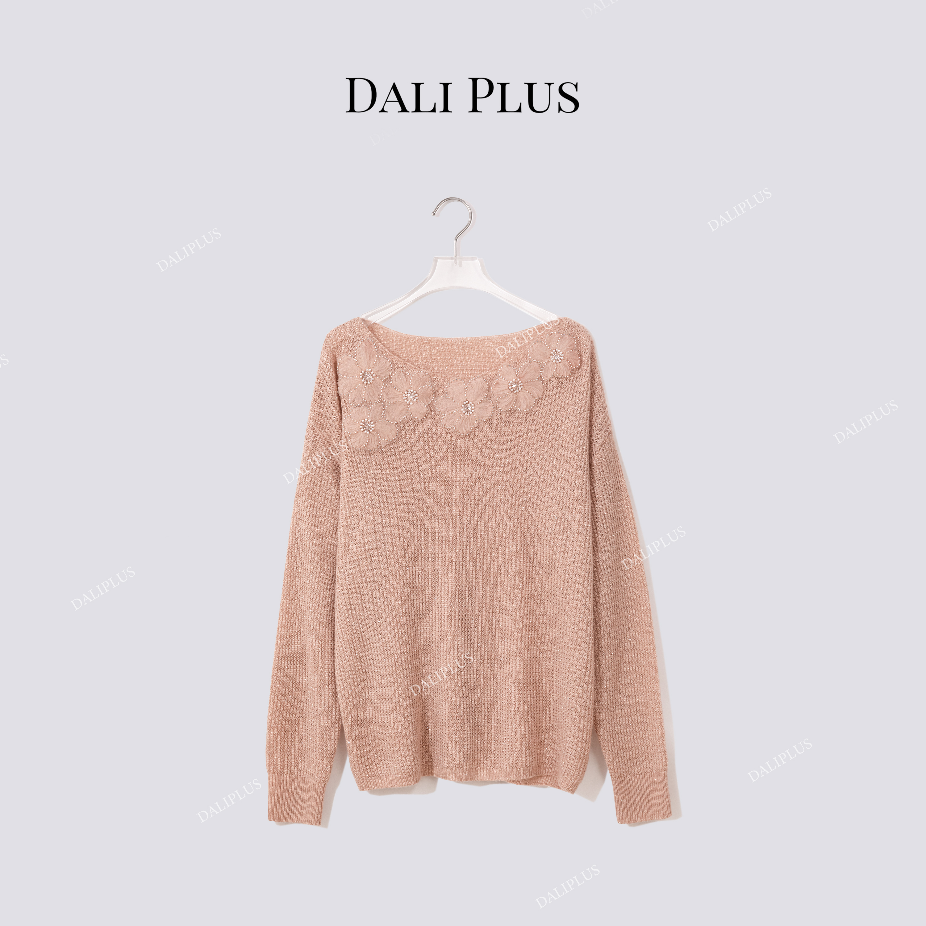 DALI PLUS“微笑圆领山羊绒”钉珠花朵落肩袖套衫针织-D5CK2138