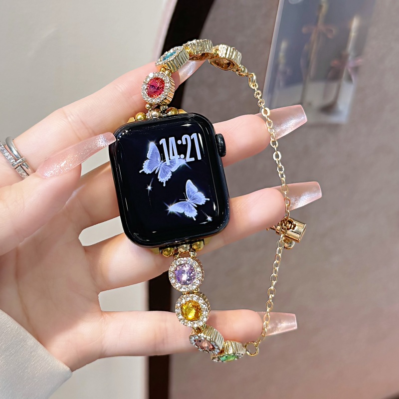 适用苹果S10手表SE表带applewatchS9高级方糖彩色S8镶钻金属7手链