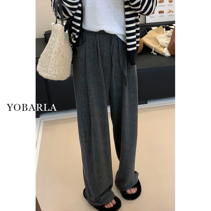灰色糯米休闲裤女高腰秋冬胖mm大码宽松垂感梨形身材加绒直筒裤子