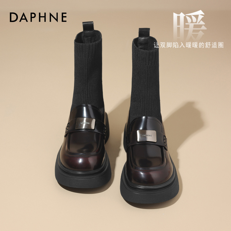 达芙妮瘦瘦靴厚底短靴女袜靴2025新款秋冬季中筒靴子弹力靴乐福鞋