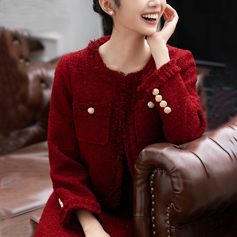 新年战袍红色套装2025新款早春小香风外套女时尚气质半身裙两件套