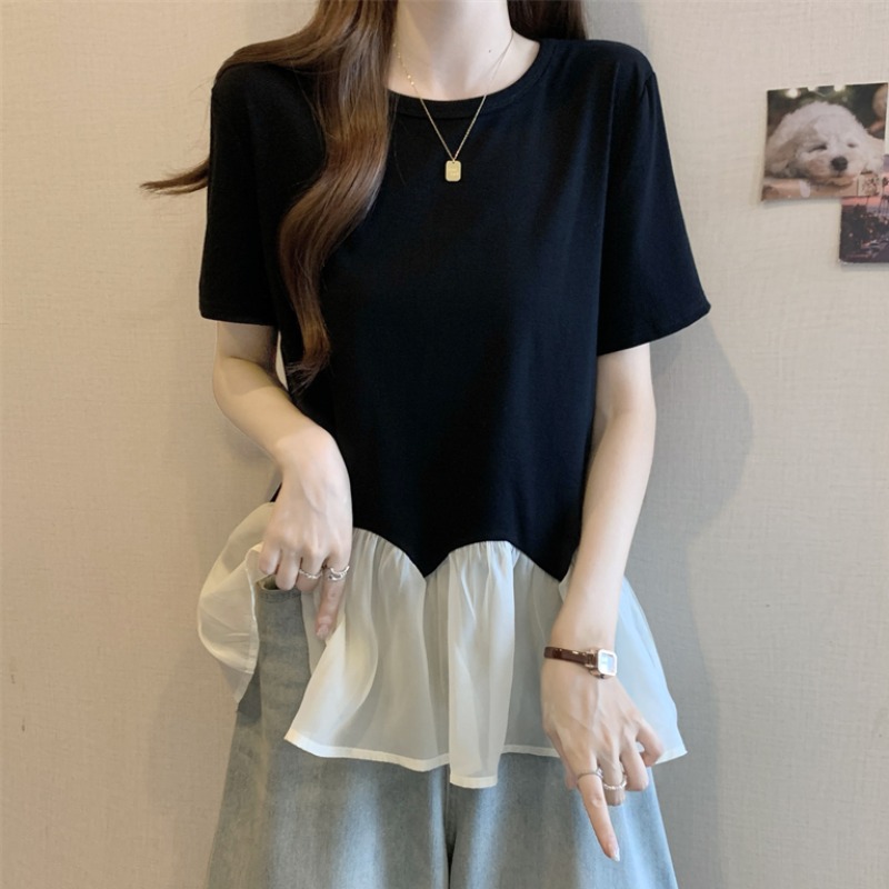 大码设计感下摆荷叶边短袖T恤女夏季新款胖M宽松显瘦百搭洋气上衣
