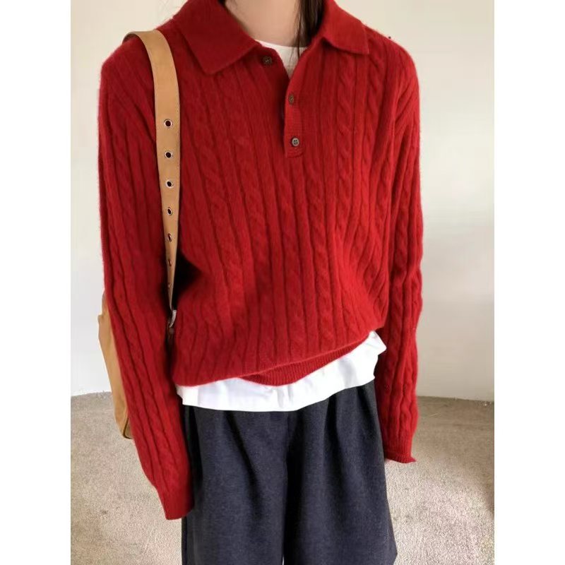 新年圣诞风红色麻花毛衣女2025秋冬新款 polo领宽松长袖上衣