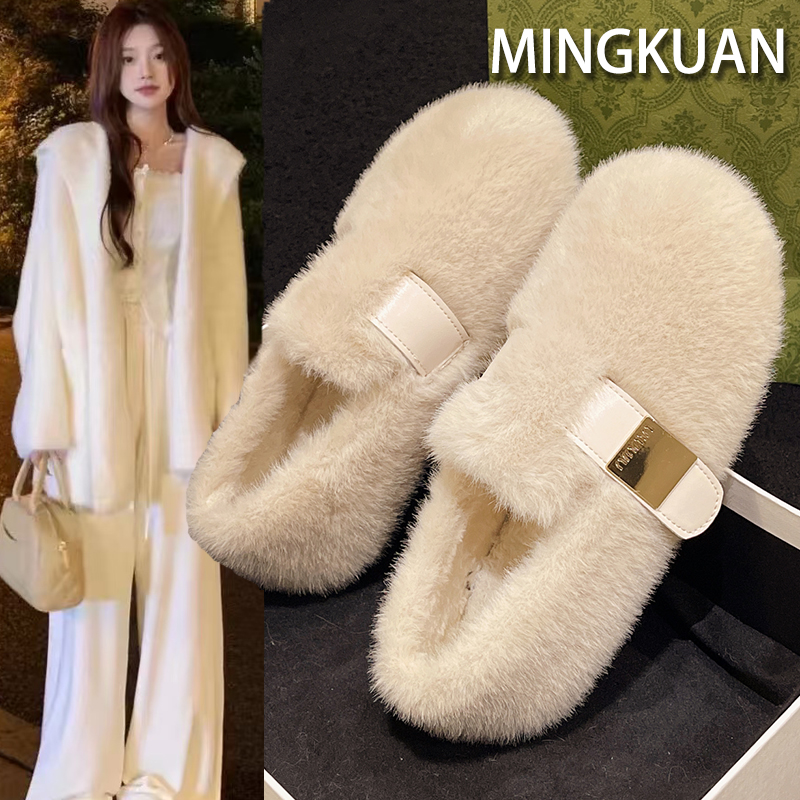 白色勃肯玛丽珍毛毛鞋女外穿加绒保暖水貂毛秋冬2025新款豆豆棉鞋