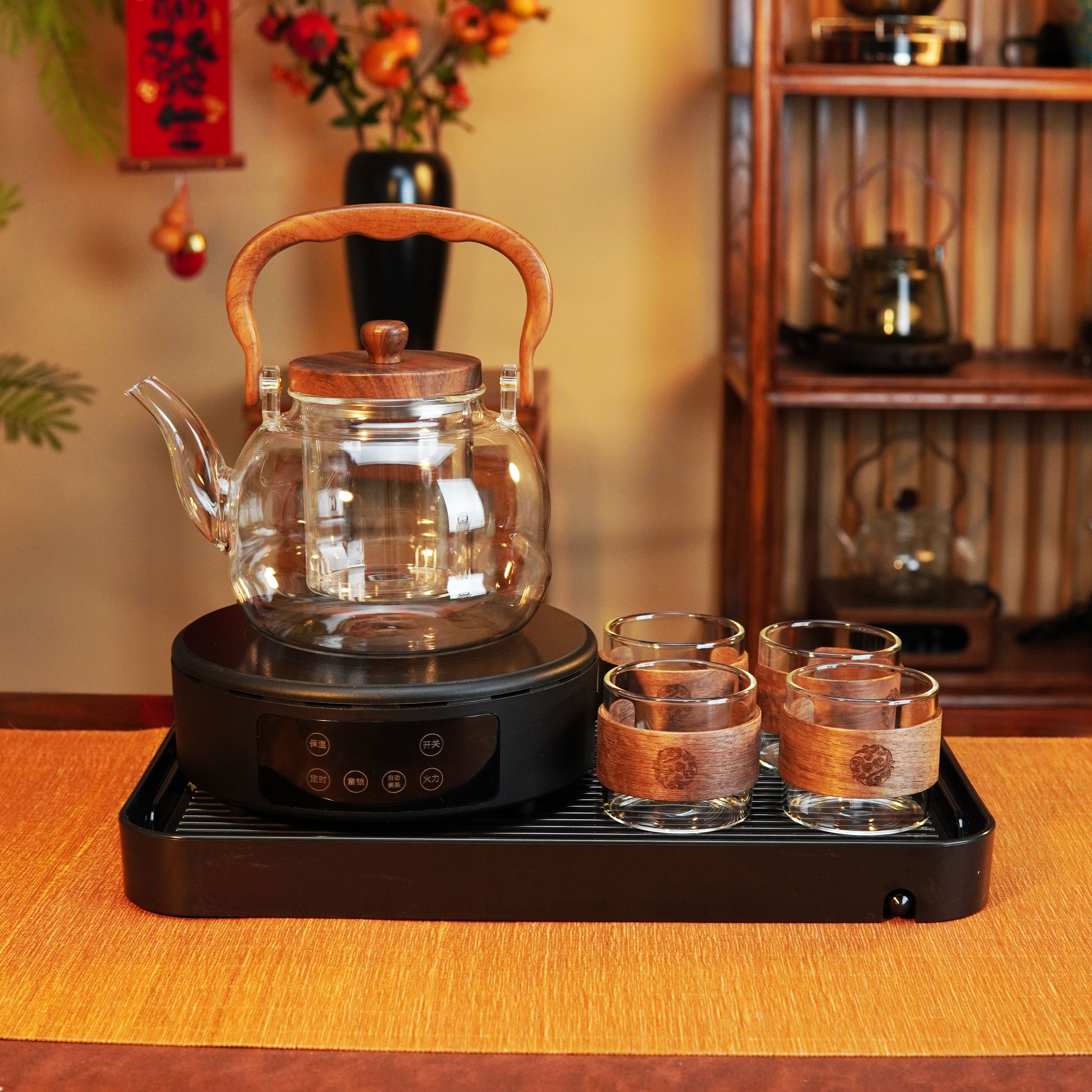 横硕1500W大功率电陶炉不挑壶保温定时+1200ML福禄壶茶盘套装