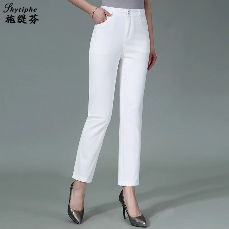 中年九分裤女款2025秋冬加绒加厚高腰休闲白色妈妈直筒牛仔裤子