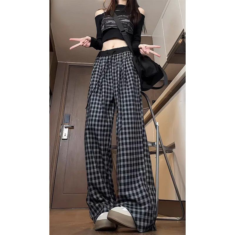 黑灰格子裤慵懒风夏季薄款直筒高腰格子裤女宽松高个子加长阔腿裤