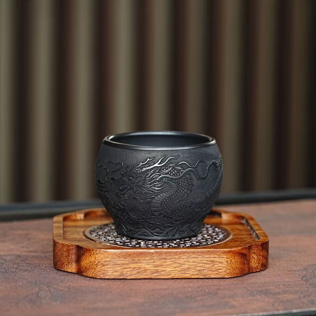 宜兴原矿紫砂石黄全手工刻绘龙腾盛世主人杯高端品茗杯