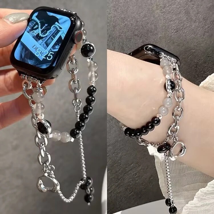 手链款水晶珍珠金属表链适用于苹果手表iWatch78表带