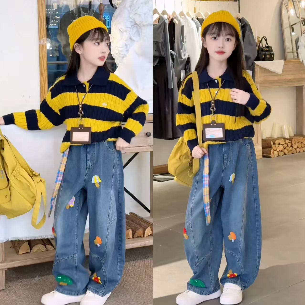 女童套装秋冬2025新款女大童撞色条纹毛衣时髦刺绣牛仔裤裤套装