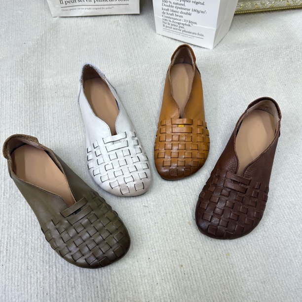 新款真皮复古一脚蹬单鞋透气平底鞋女款舒适奶奶鞋妈妈鞋文艺