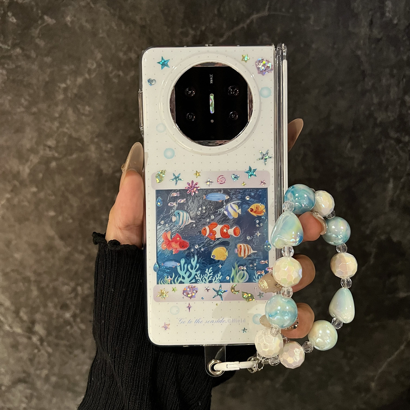 韩风ins海洋世界适用华为mateX6折叠屏手机壳Matex5典藏版链条挂