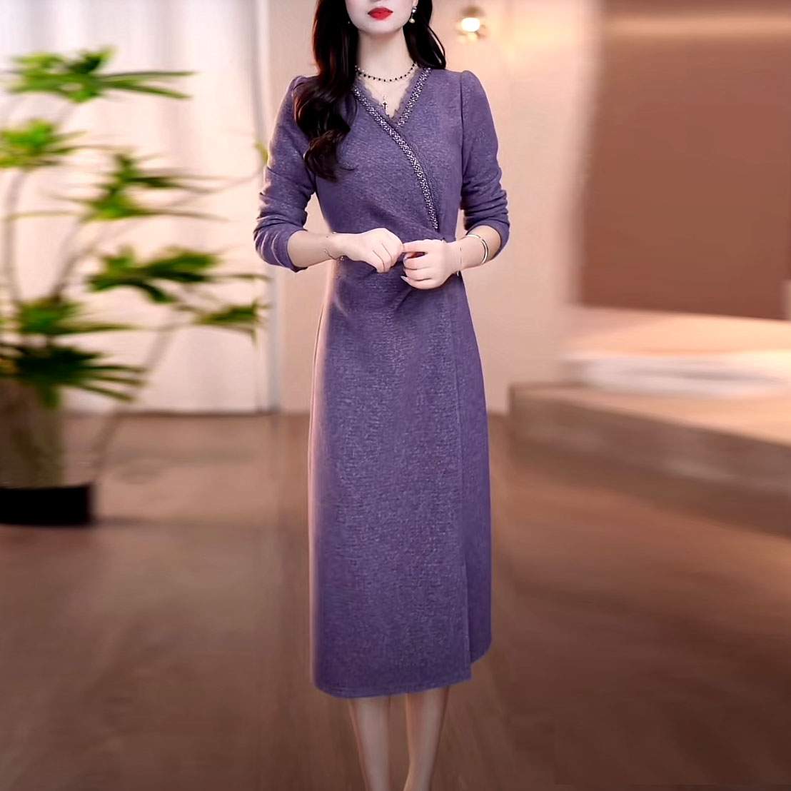 贵妃绒气质高档轻奢礼服裙2025秋冬新款加厚保暖修身打底连衣裙子