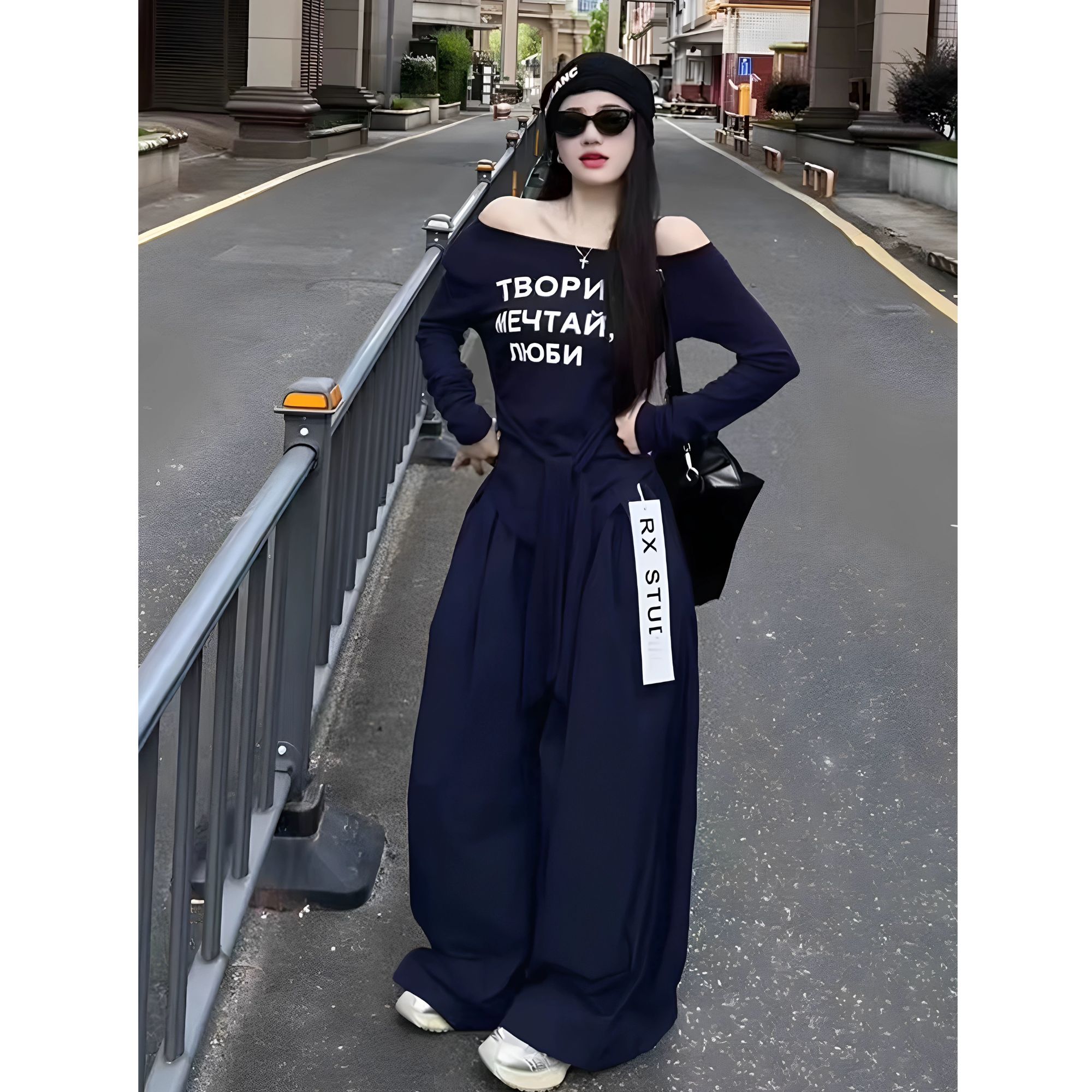 韩版露肩斜领绑带字母印花T恤女2025秋季新款高腰宽松阔腿裤套装