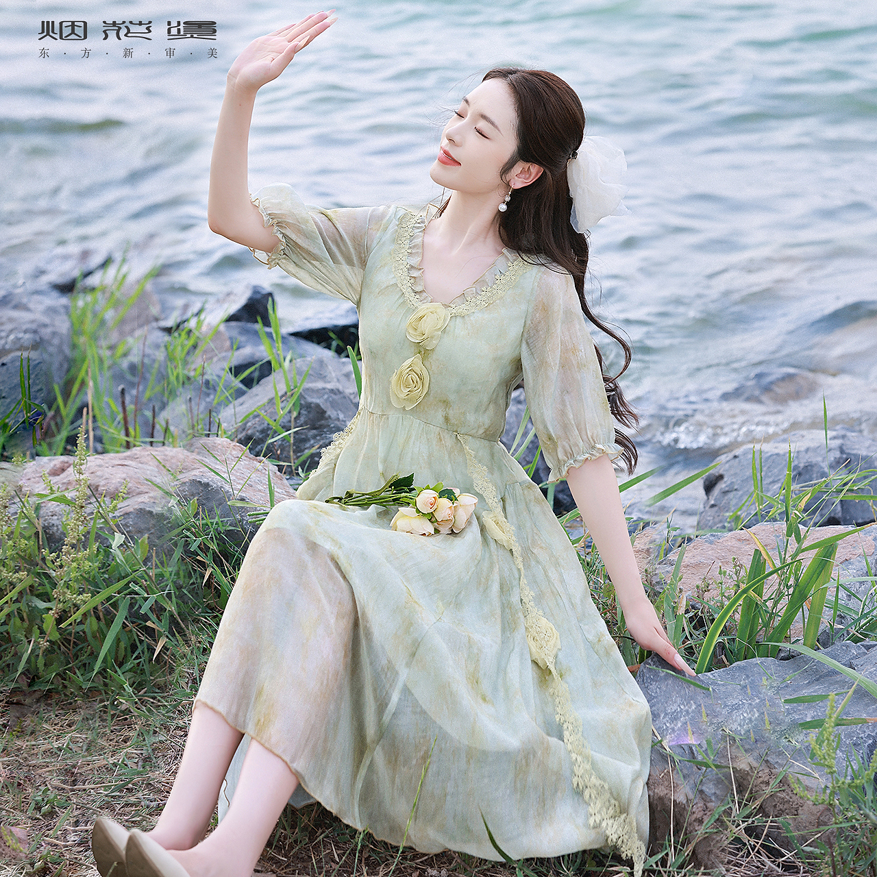 烟花烫法式复古连衣裙女2025夏季新款小个子气质高腰a字裙子 芭乐