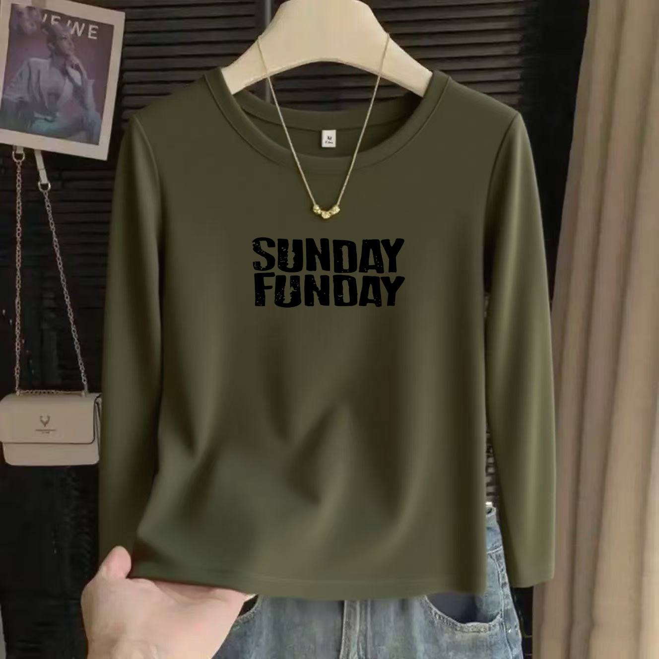 复古军风螺纹棉军绿色圆领打底衫长袖T恤女厚实内搭外穿显瘦上衣t