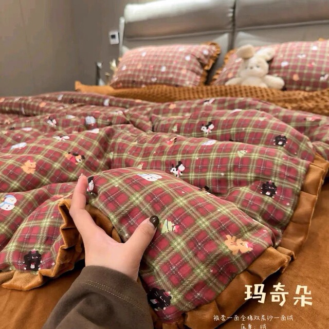 ins棉双层纱加豆豆绒秋冬保暖床上四件套宝宝绒牛奶绒被套床单