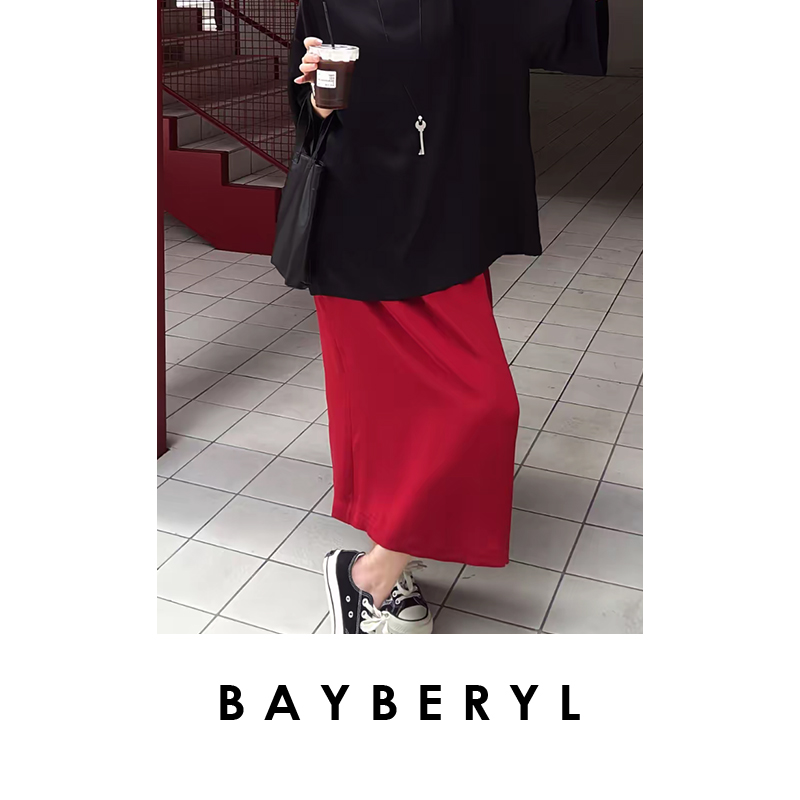 领券-BAYBERYL老贝酒心裙*真丝垂滑百搭松紧腰半身裙YQ5E2712