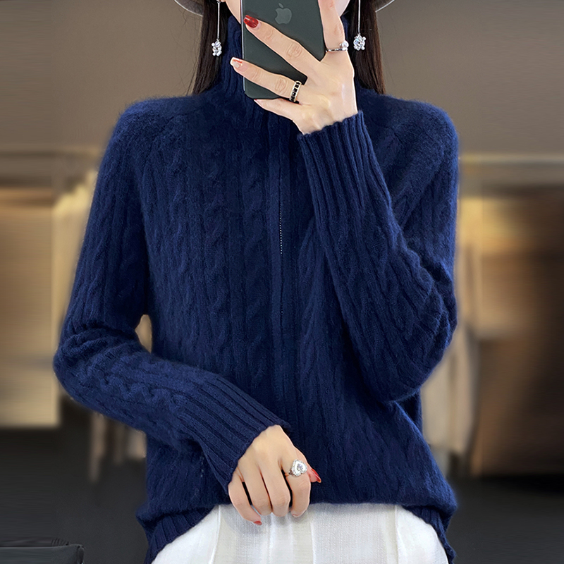 100纯羊毛衫女士秋冬新款加厚拉链针织开衫外套立领羊绒外穿毛衣