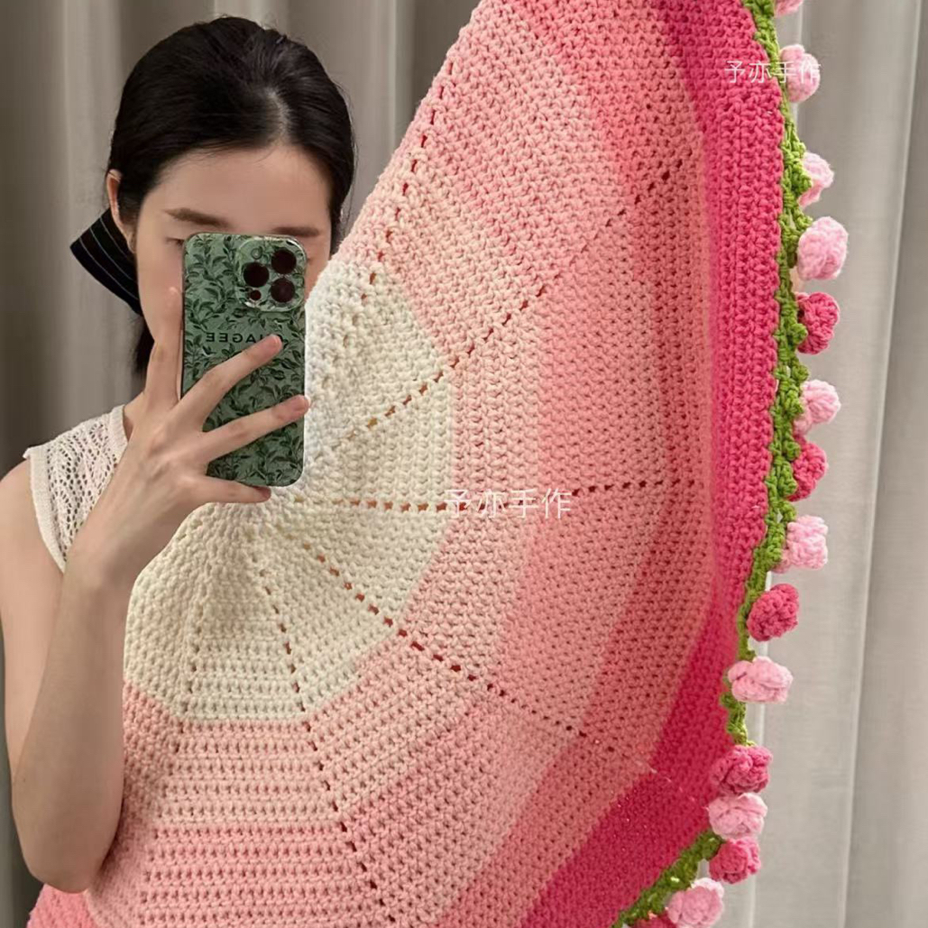 （非成品/适合新手）1m直径粉色渐变玫瑰花毯钩织材料包