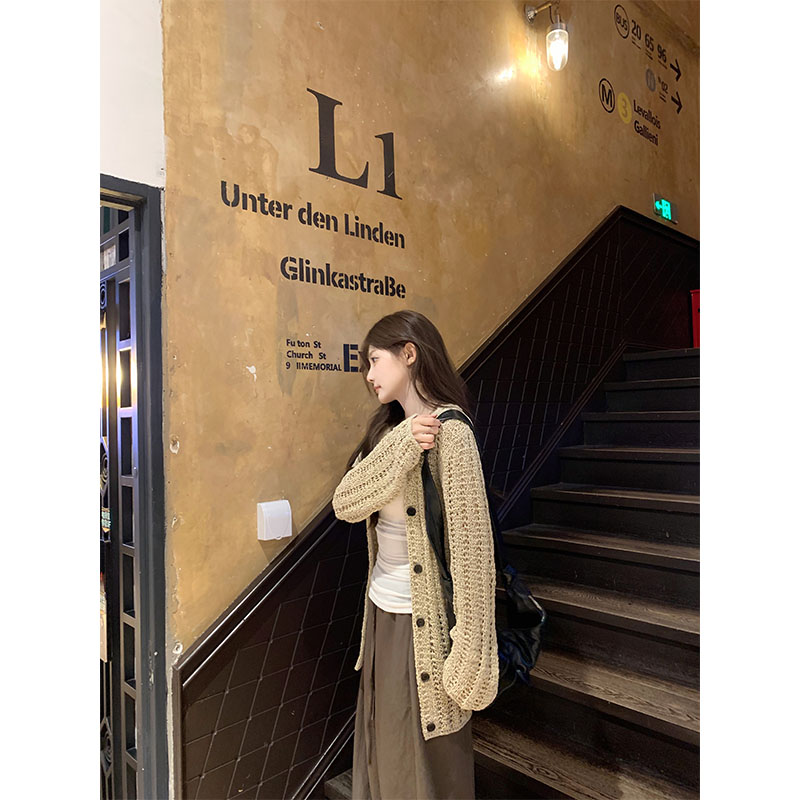 早秋季新款修身显瘦法式复古松弛感镂空衫针织衫开衫毛衣外套套装