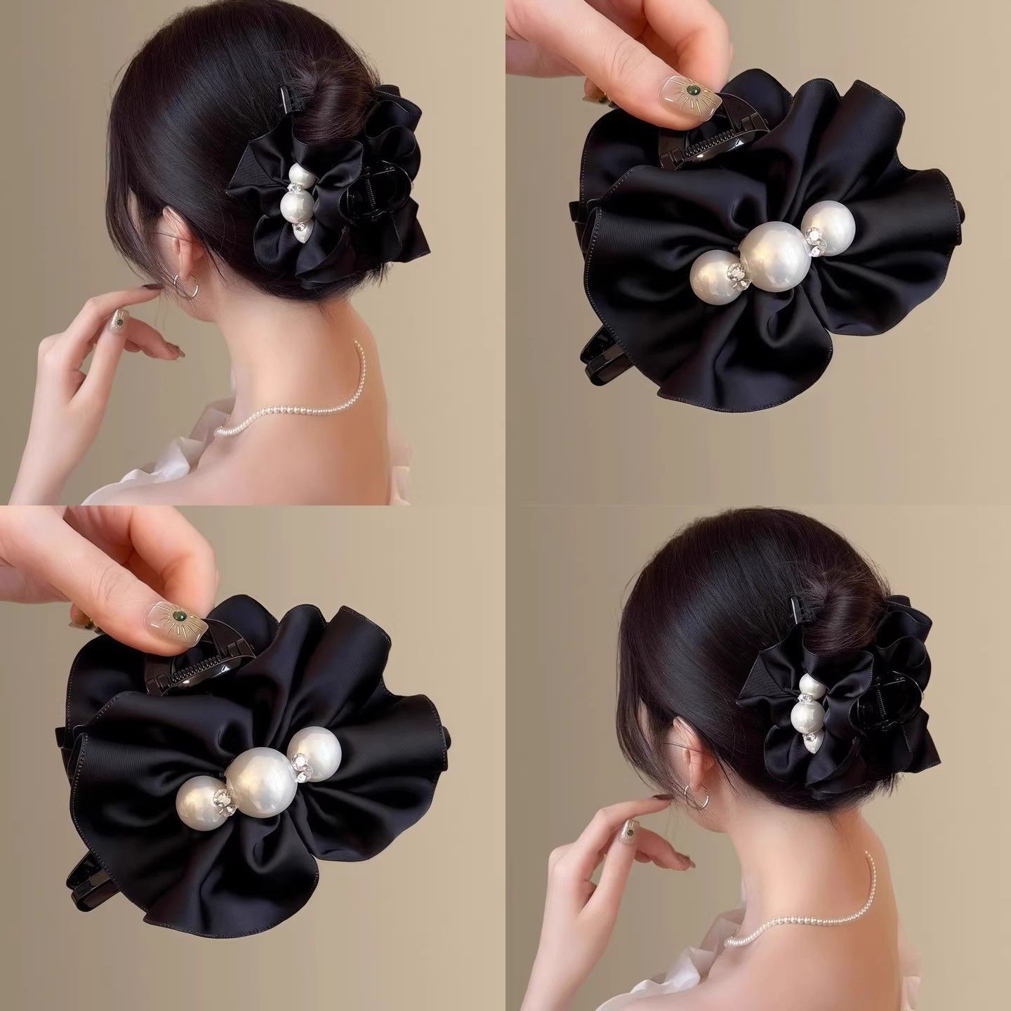 法式褶皱感轻奢百搭珍珠缎面花苞抓夹女2025新款后脑勺盘发夹发饰